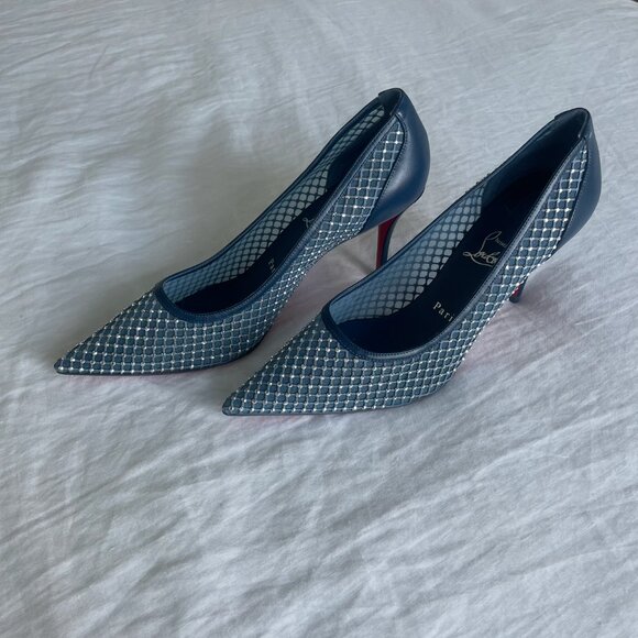 SOLD NEW Christian Louboutin Apostropha 80 mm Pumps, Navy Blue Mesh Strass - Picture 5 of 8